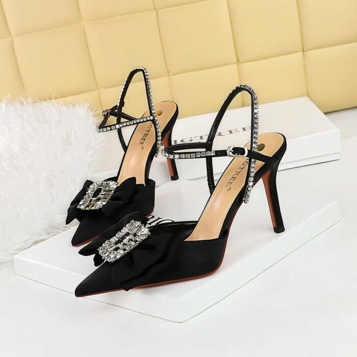 BIGTREE SHOES 221-H32 Korean Style Banquet Summer High Heel Shoes Shallow Mouth Pointed Toe Satin Rhinestone Word with Bowknot Sandals for Women - Image 1