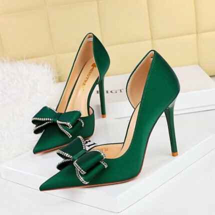 BIGTREE SHOES 626-H36 Banquet High Heels European and American Women's Shoes Stiletto Heel Shallow Mouth Side Hollow Rhinestone Bow Pumps