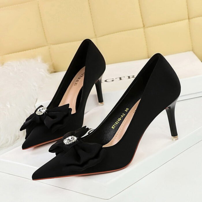 Bigtree shoes 18249-ah33 Korean style banquet women's shoes high heels stiletto low-cut pointed toe satin bow pumps wedding shoes - Image 2