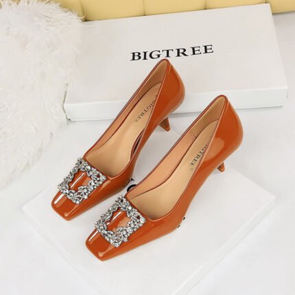 BIGTREE SHOES 6183-K19 European and American Banquet Women's Shoes Stiletto Heel Square Toe Shiny Patent Leather Metal Rhinestone Buckle Pumps High Heels
