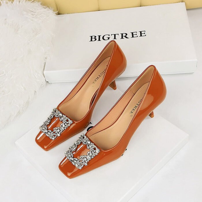 BIGTREE SHOES 6183-K19 European and American Banquet Women's Shoes Stiletto Heel Square Toe Shiny Patent Leather Metal Rhinestone Buckle Pumps High Heels - Image 1