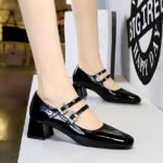 BIGTREE SHOES 1389-1 Everyday Joker Sweet Mary Jane Women's Shoes Mid Heel Patent Leather Shallow Mouth round Head Rhinestone Buckle Ankle-Strap Shoes - Image 2