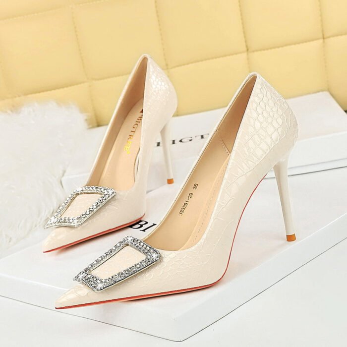 BIG TREE SHOES 3391-K28 Korean Style High Heels Women's Shoes Stiletto Heel Shallow Mouth Pointed Patent Leather Snake Pattern Rhinestone Buckle Pumps - Image 1