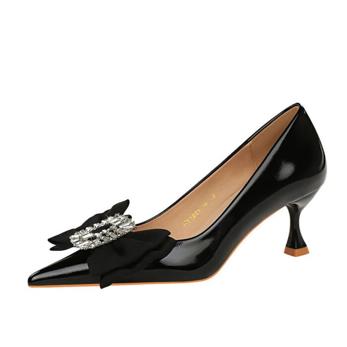 Bigtree Shoes 1961-H32 European and American Style Light Luxury Fashion Banquet Women's Shoes Stiletto Mid Heel Shallow Mouth Pointed Rhinestone Bow Single-Layer Shoes - Image 5