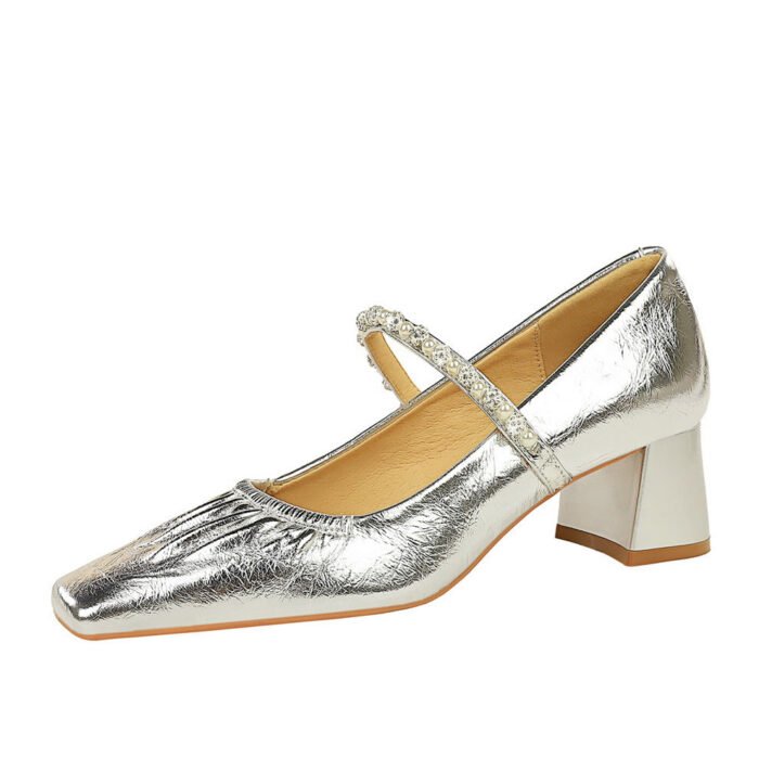 Bigtree Shoes 5288-16 Vintage Fashionable Chunky Heel Mid-Heel Low-Cut Square Toe Rhinestone Pearl Ankle-Strap Shoes Mary Jane Women's Shoes - Image 5