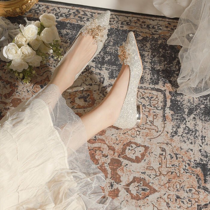 229-10 French Pointed Flat Low Heel Elegant Rhinestone Wedding Shoes Wedding Dress Two-Way Wear - Image 2