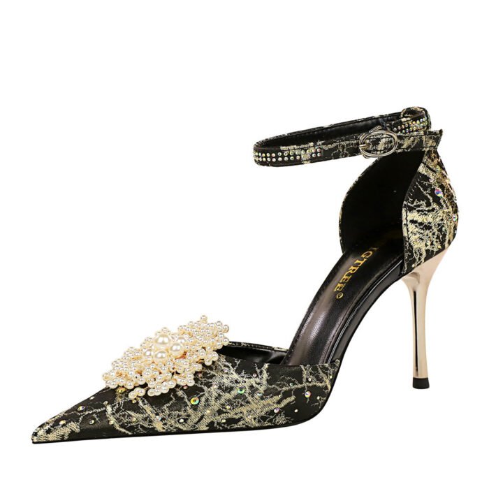 286-7 European and American Style Banquet High Heel Low-Cut Hollow Word with Pointed Toe Rhinestone Pearl Flower Sandals High Heels - Image 5