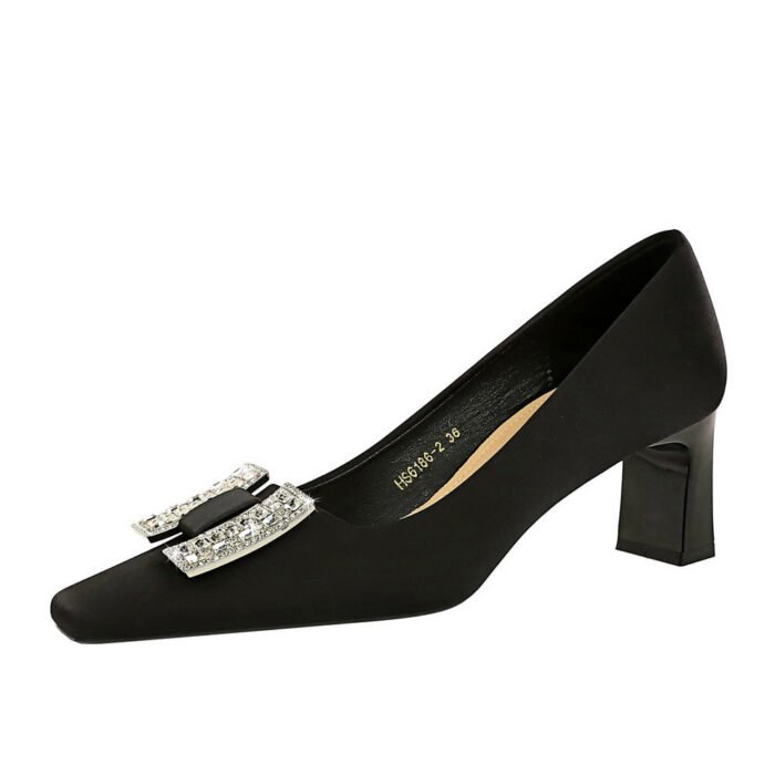 BIGTREE SHOES 6186-k70 European and American Style Banquet Light Luxury Women's Shoes Chunky Heel High Heel Low-Cut Square Toe Satin Rhinestone Buckle Pumps Women's Shoes - Image 5