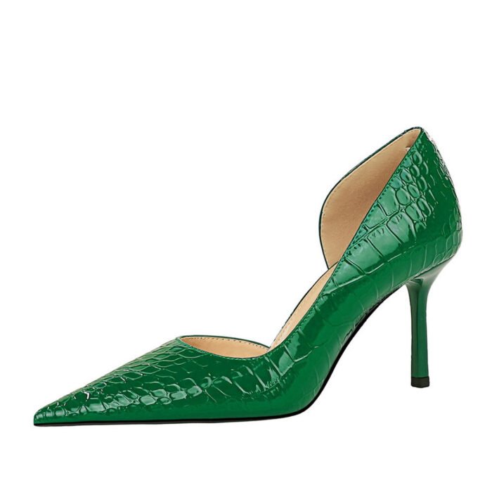 Bigtree Shoes 8239-5 European and American Style Sexy Slimming Super High Heel Stiletto Low Mouth Pointed Side Hollow Patent Leather Snake Pattern Women's Thin Shoes - Image 5