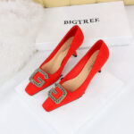 BIGTREE SHOES 6183-k21 European and American Style Banquet Women's Shoes High Heel Suede Square Toe Metal Rhinestone G Buckle Spring and Autumn Women's Shoes - Image 2