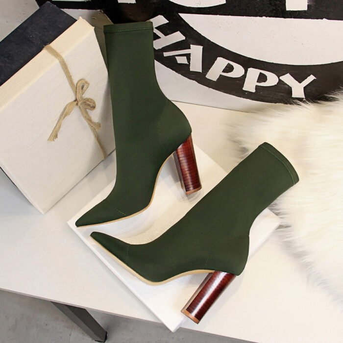 BIG TREE SHOES 3129-3 European and American fashion simple wood grain heel thick heel high heel pointed stretch Lycra sexy nightclub slimming short boots - Image 4