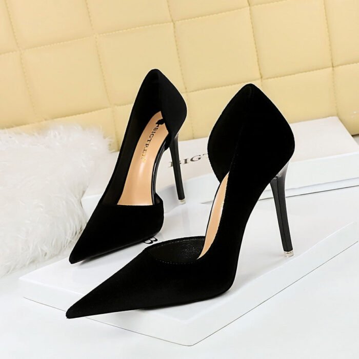 BIG TREE SHOES 1363-6 European and American Style Fashion Banquet High Heels Stiletto Heel Shallow Mouth Pointed Toe Side Hollow Xi Shi Suede High Heel Pumps - Image 2