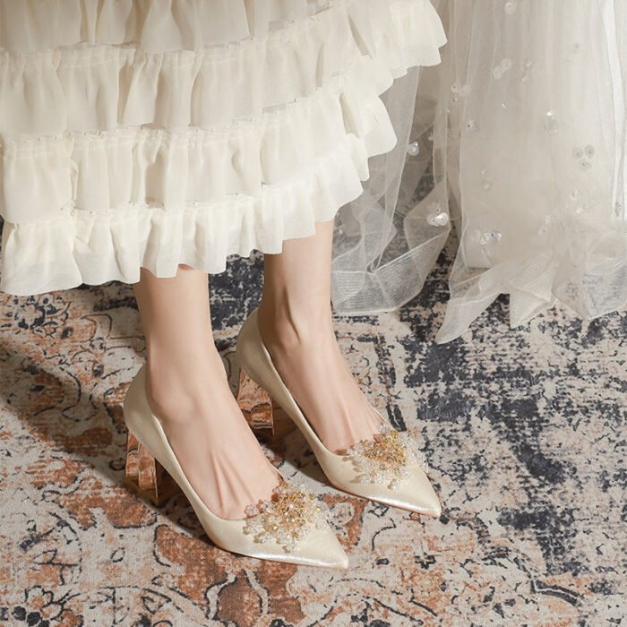 7118-10 High Heels Women's Pointed Toe Chunky Heel Wedding Shoes High-Grade Xiuhe Wedding Dress Engagement Annual Meeting Shoes - Image 2