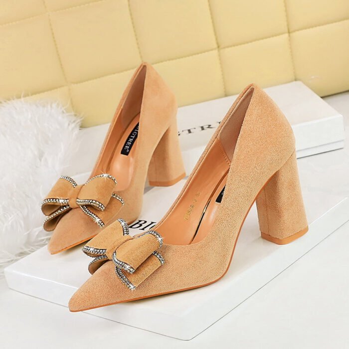 BIGTREE SHOES 828-H30 Korean Style Fashionable Spring and Autumn New High Heels Chunky Heel Suede Shallow Mouth Pointed Bow Single-Layer Shoes Women's Shoes - Image 2