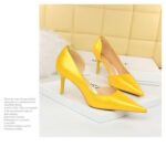 1363-A2 Korean fashion slim banquet fine heel high heel shallow pointed side hollow patent leather women's shoes single shoes high - Image 26