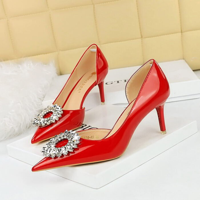 BIG TREE SHOES 638-Ak29 European and American Style Banquet Women's Shoes High Heel Stiletto Low Mouth Pointed Patent Leather Side Hollow out Rhinestone Buckle Pumps Women - Image 2