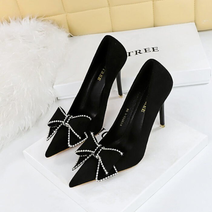 Big Tree Shoes 9511-H7 European and American Sexy Nightclub Super High Heel Women's Shoes Stiletto Suede Shallow Mouth Pointed Toe Rhinestone Bow Pumps - Image 2