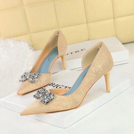 BIGTREE SHOES 6168-Ak51 Korean Style High Heel Stiletto Low Mouth Pointed Side Hollow Cloth Surface Metal Rhinestone Bow Buckle Pumps