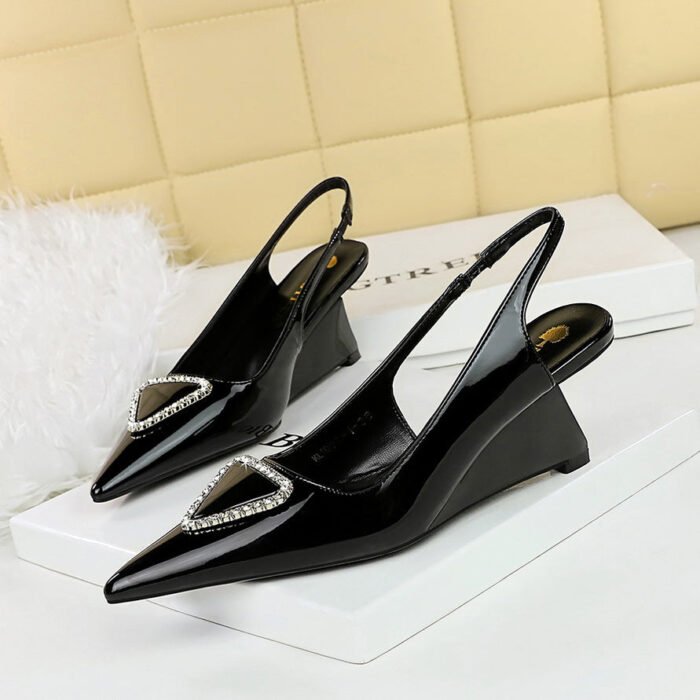 BIGTREE SHOES 1097-K37 European and American Banquet Women's Fashion Shoes High Heel Wedge Shiny Patent Leather Rhinestone Buckle Hollow Back Strap Pumps - Image 1
