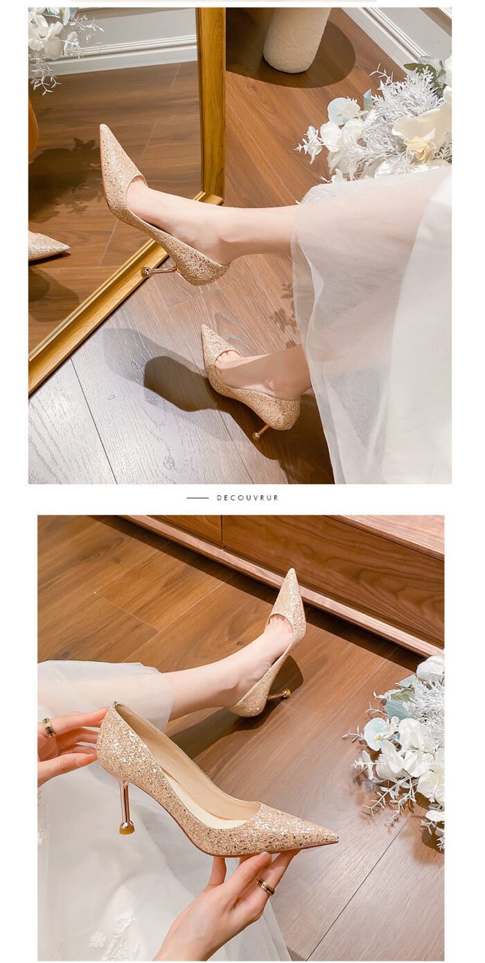 D888-88 Pointed High Heels Women's Chunky Heel Wedding Shoes High-Grade Wedding Dress Pumps - Image 8
