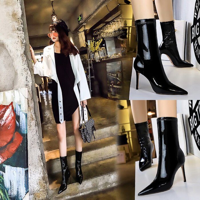 BIG TREE SHOES 315-13 European and American Fashion Sexy Nightclubs Thinner Shiny Patent Leather Stretch Slimming Pointed Ankle Boots Winter Skinny Boots - Image 2