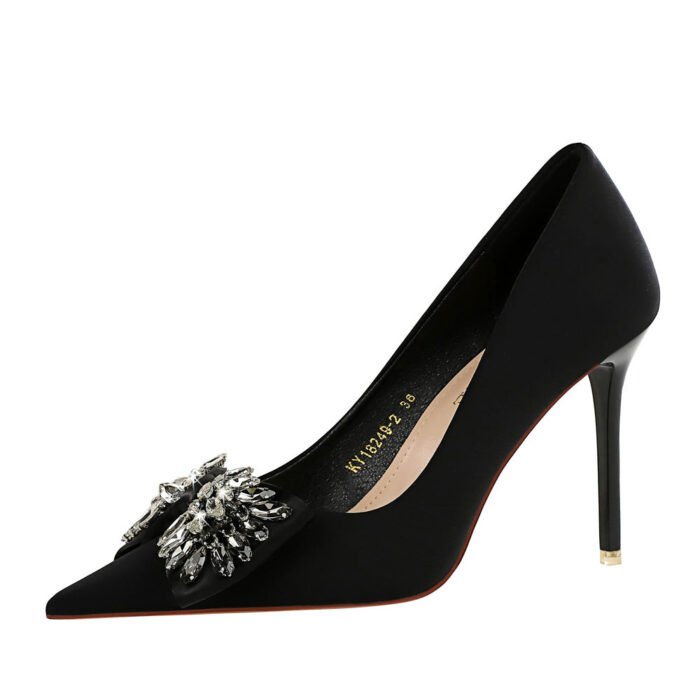 Big Tree Shoes 18249-h3 European and American Style Banquet High Heels Women's Shoes Super High Heel Shallow Mouth Pointed Toe Satin Rhinestone Bow Pumps - Image 5