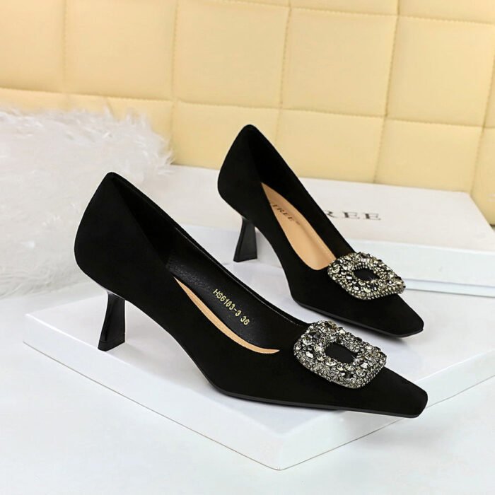 Bigtree Shoes 663-3k83 European and American Style Fashionable Banquet Women's Shoes Stiletto High Heel Suede Shallow Mouth Square Head Metal Rhinestone Buckle Single - Image 3