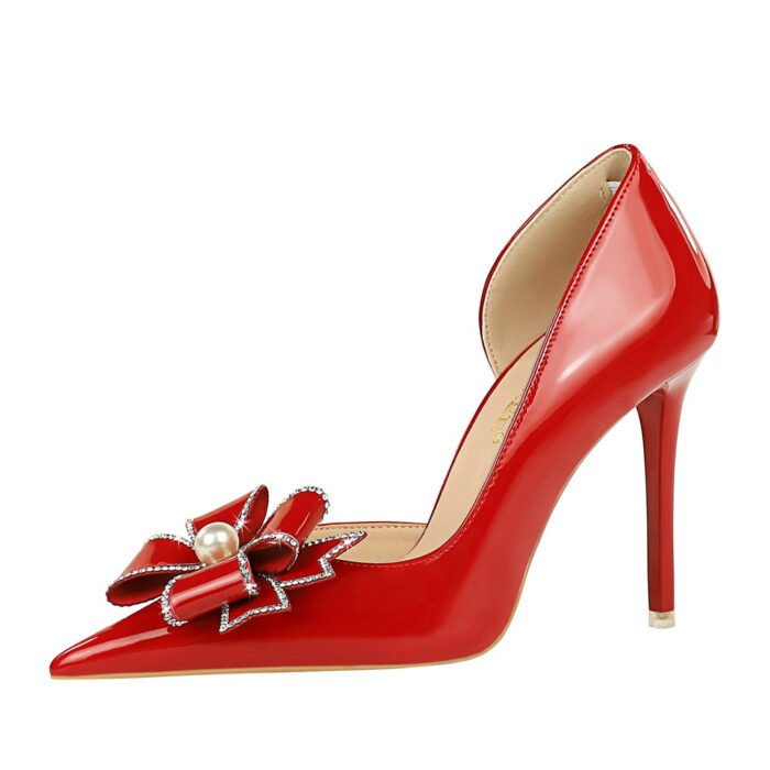 BIGTREE 638-H13 European and American Style Banquet Super High Heel Stiletto Low Mouth Pointed Side Hollow Pearl Rhinestone Bow Pumps - Image 5