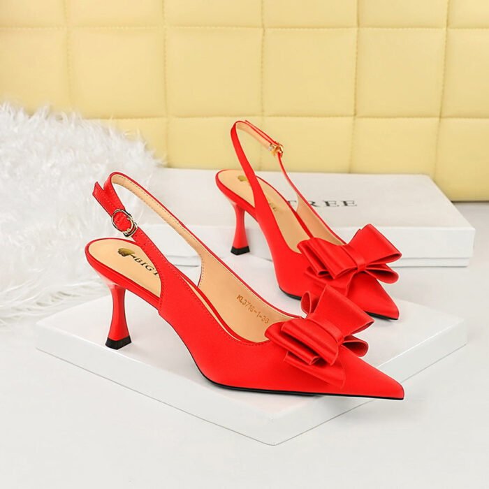 Bigtree shoes 3716-h25 fashion pedicure Korean style women's shoes satin shallow mouth pointed high heel hollow-out back strap bow single-layer shoes - Image 3