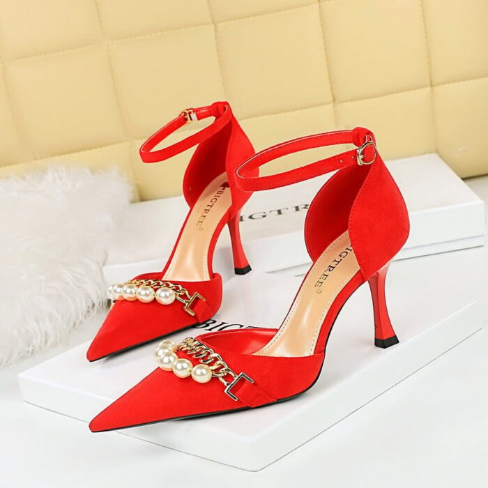 BIGTREE SHOES 8323-8 Korean Style Sping Sandal Women's Shoes Suede Shallow Mouth Pointed Pearl Metal Chain Strap Sandals Wedding Shoes - Image 1