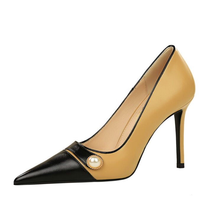 BIGTREE SHOES 1198-H50 retro European and American style high heels thin heel ultra high heel shallow mouth pointed pearl color matching pointed women's shoes - Image 5