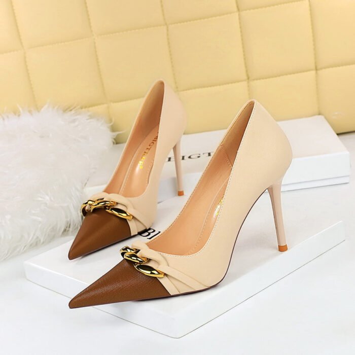 BIG TREE SHOES 9283-2 European and American Style Banquet High Heels Stiletto Heel Shallow Mouth Color-Blocking Pointed Metal Chain Decorative Women's Thin Shoes - Image 2