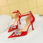 BIG TREE SHOES 8323-h19 Korean Style Banquet Women's Shoes Patent Leather High Heel Low-Cut Pointed-Toe Hollowed Rhinestone Bow Strap Sandals
