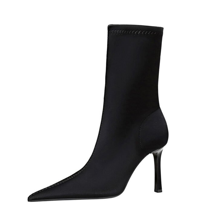 big tree shoes 325-1 European and American Style Fashion Banquet Slimming and Simple High-Heeled Boots with Short Tube Pointed Elastic Lycra Super High Heel Short Boots - Image 5