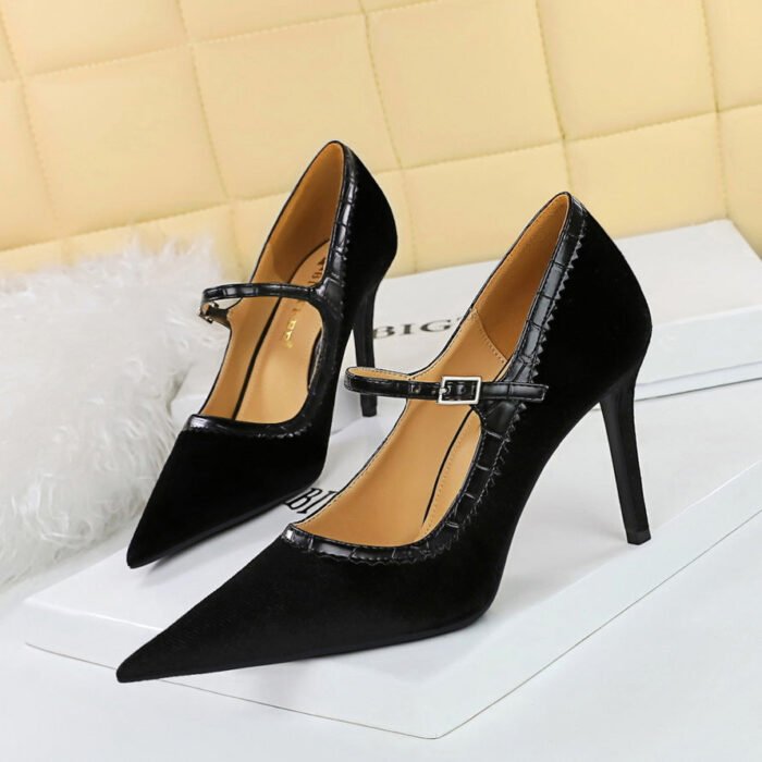 BIGTREE SHOES 1198-7 European and American Style Banquet High Heels Stiletto Heel Shallow Mouth Pointed Toe Thick Suede Strap Women's Shoes - Image 2