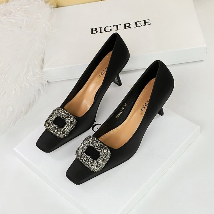 Bigtree Shoes 633-2k83 European and American Style All-Match Banquet Women's Shoes Stiletto Heel Shallow Mouth Square Toe Metal Buckle Rhinestone Buckle Single - Image 2