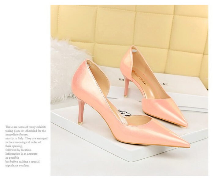 1363-A2 Korean fashion slim banquet fine heel high heel shallow pointed side hollow patent leather women's shoes single shoes high - Image 20