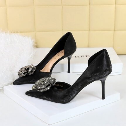 BIGTREE SHOES 8238-H52 National Style Women's Shoes Banquet High Heels Shallow Mouth Pointed Toe Side Hollow Rose Rhinestone Flower Shoes Women