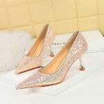 BIG TREE SHOES 1818-3 Korean Style Fashion Banquet High Heels Metal Heel High Heel Low-Cut Pointed Shining Sequin Cloth Pumps Women's Shoes