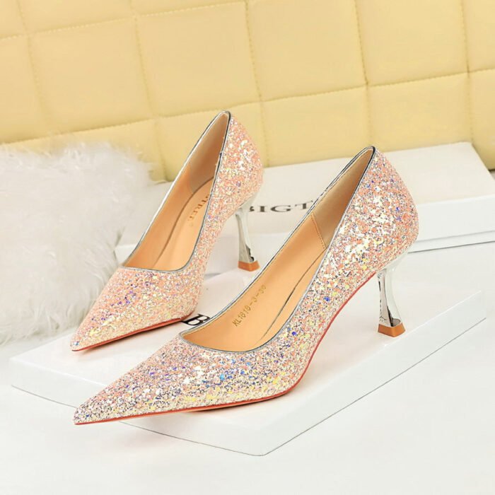BIG TREE SHOES 1818-3 Korean Style Fashion Banquet High Heels Metal Heel High Heel Low-Cut Pointed Shining Sequin Cloth Pumps Women's Shoes - Image 1