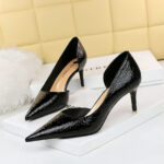 2928-1 European and American style fine-heeled high-heeled shallow pointed side hollow retro metal stone pattern shoes - Image 3