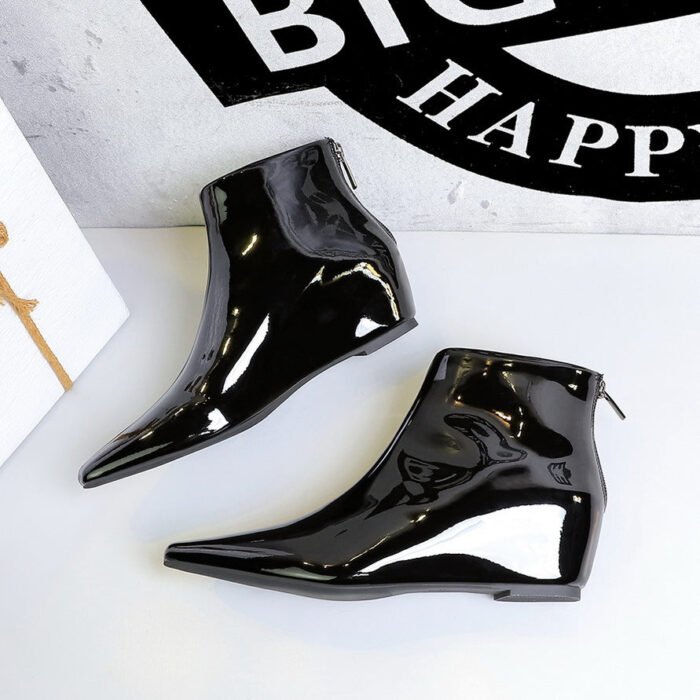 Bigtree Shoes 6632-1 Korean Style Fashion All-Match Height Increasing Insole Wedge Shiny Patent Leather Small Short Pedicure Women's Skim-Fit Boots Ankle Boots - Image 3