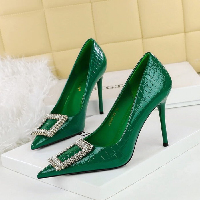 BIGTREE SHOES 3391-k63 European and American Style Patent Leather Pumps Stiletto Heel Pointed Low-Cut Rhinestone Metal Decorative Super High Heel High Heel Pumps - Image 4