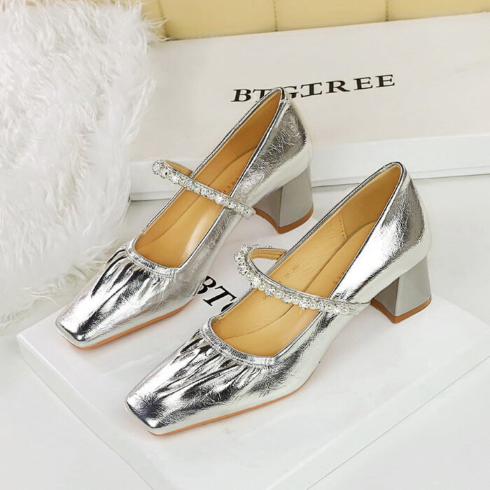 Bigtree Shoes 5288-16 Vintage Fashionable Chunky Heel Mid-Heel Low-Cut Square Toe Rhinestone Pearl Ankle-Strap Shoes Mary Jane Women's Shoes - Image 1