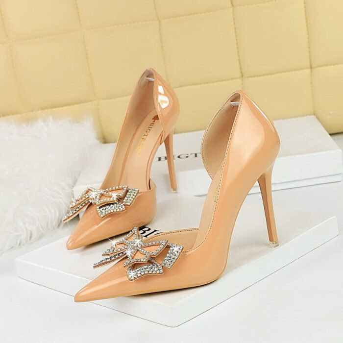 BIGTREE SHOES 638-H17 Banquet High Heels European and American Style Shallow Mouth Pointed Toe High Heel Patent Leather Side Hollow Rhinestone Bow Pumps - Image 3