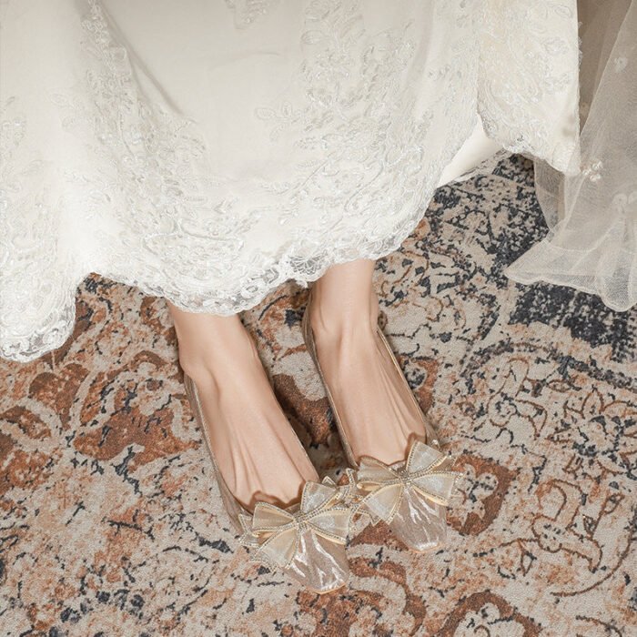 228-51 Champagne Thin and Glittering Bow Crystal Flat Wedding Shoes Female Square Toe Bridal Shoes - Image 4