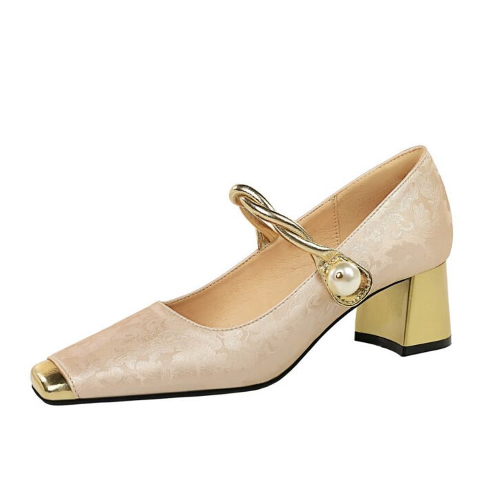 BIGTREE SHOES 5288-6 Retro National Style Women's Shoes Chunky Heel Mid-Heel Low-Cut Color Matching Square Head Pattern Satin Pearl Ankle-Strap Shoes - Image 5