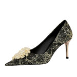628-A2 European and American Style Banquet Women's Shoes Metal Heel Stiletto Heel Shallow Mouth Pointed Toe Rhinestone Pearl Flower Women's Shoes - Image 3