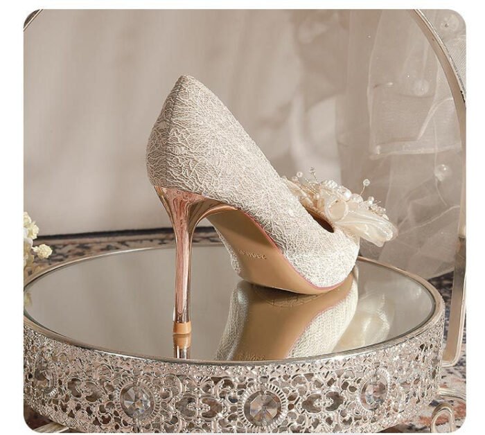 840-16 French Lace Pearl Wedding Shoes Bridal Shoes High Heels Princess Pointed Toe Temperament Fairy Stiletto Heel Pumps Women - Image 9