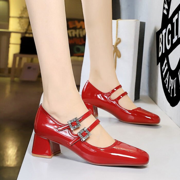 BIGTREE SHOES 1389-1 Everyday Joker Sweet Mary Jane Women's Shoes Mid Heel Patent Leather Shallow Mouth round Head Rhinestone Buckle Ankle-Strap Shoes - Image 1